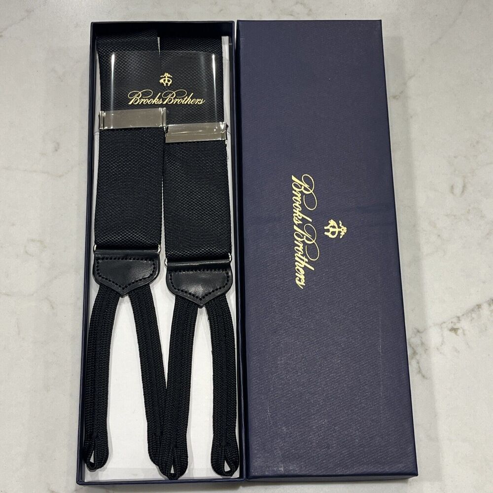 BROOKS BROTHERS NEW Extra Long Black Nylon Leather Suspenders Silver Tone